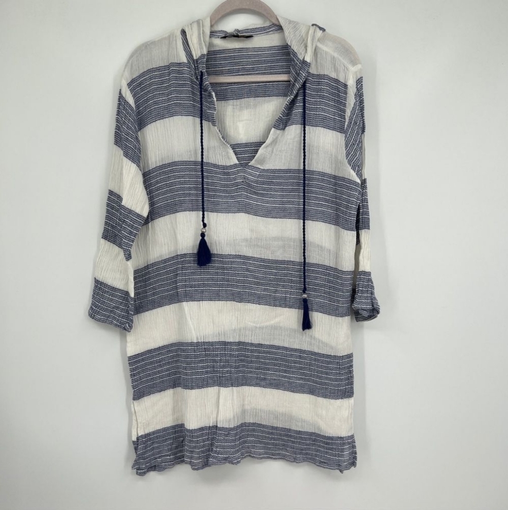 100% Cotton Spiaggia Dolce Striped Tassel Drawstring Hooded Swim Coverup Top
